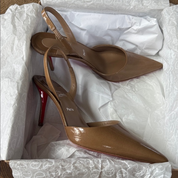 Christian Louboutin apostropha sling 80 pump lionne beige camel stiletto sz 37.5 - Picture 7 of 10